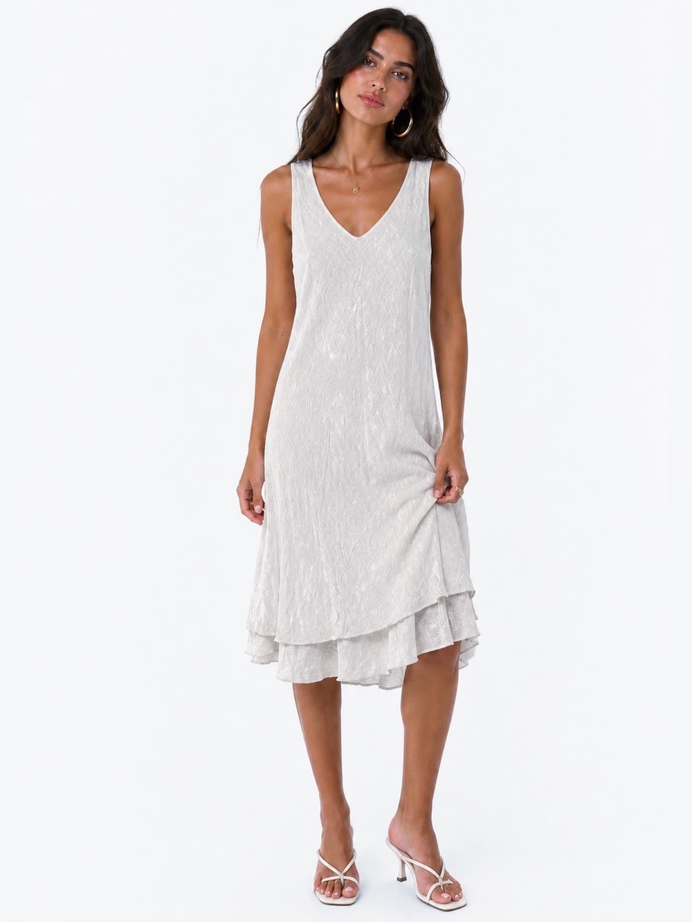 Tempo Paris White Airy Layered Hem Midi Dress Sleeveless V Neck NWT Boho Beach